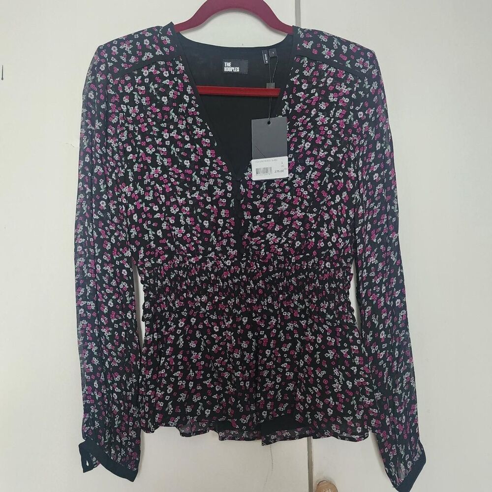 The Kooples Women's Black Floral Peplum smocked waist Long Sleeve Blouse Small